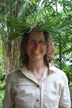 Here I am, decked out in traditional Amazonian garb, complete with banana leaf crown and bird-of-paradise-flower beak.