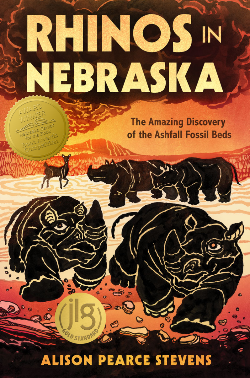 Rectangular book cover with yellow Rhinos in Nebraska title on black cloud of volcanic ash; four black, block-cut rhinos charge across an orange landscape.